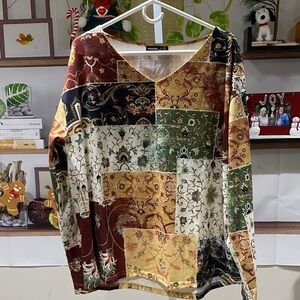Elegant Multicolor Patchwork Long Sleeve Top Ptp is 26 tag says 3 X.